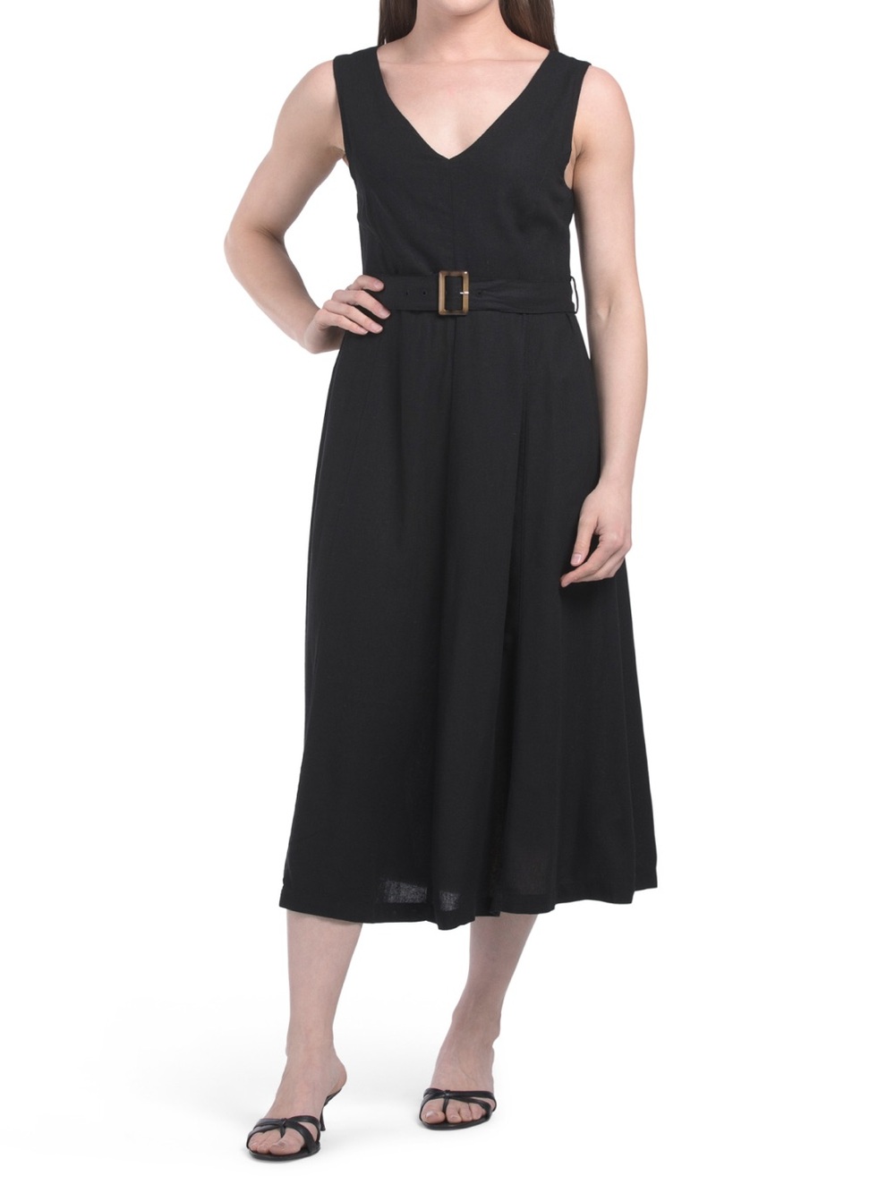 ELLEN TRACY Linen Blend Belted V-neck Dress